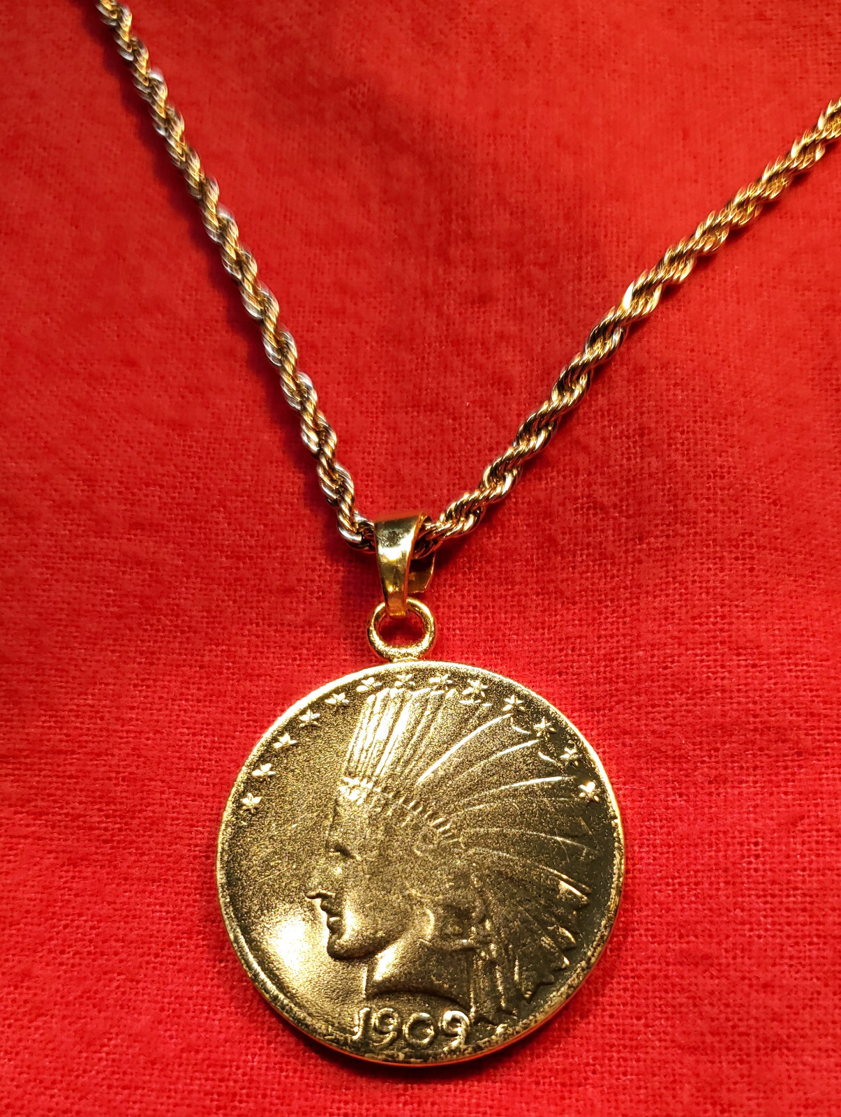 Indian Head $10 Eagle Plated Coin Pendant & Gold Filled Rope Necklace + Gift Box