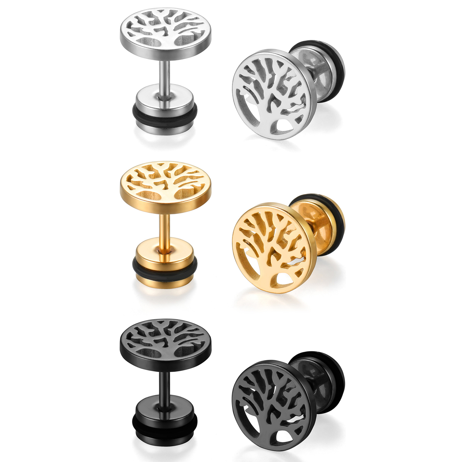 2pcs Men’s Women’s Stainless Steel Tree of Life Round Charm Ear Studs Earrings