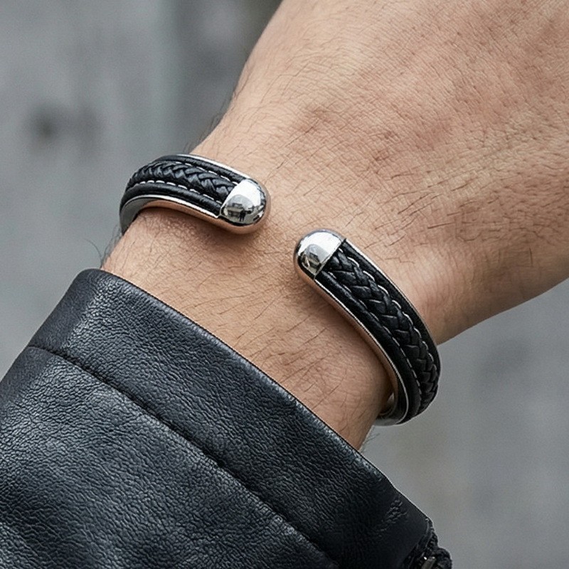 Unique Woven leather stainless steel C-shaped open Cuff Bangle Bracelet For Mens