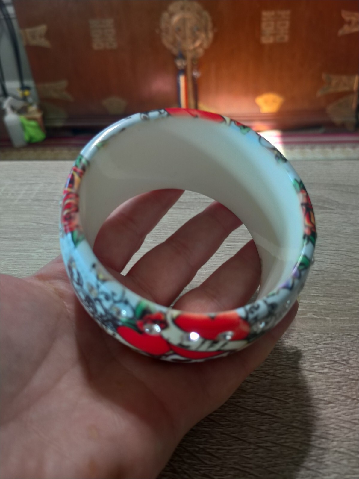 Plastic, rhinestone bangle bracelet. Love life luck skeleton skull tattoo