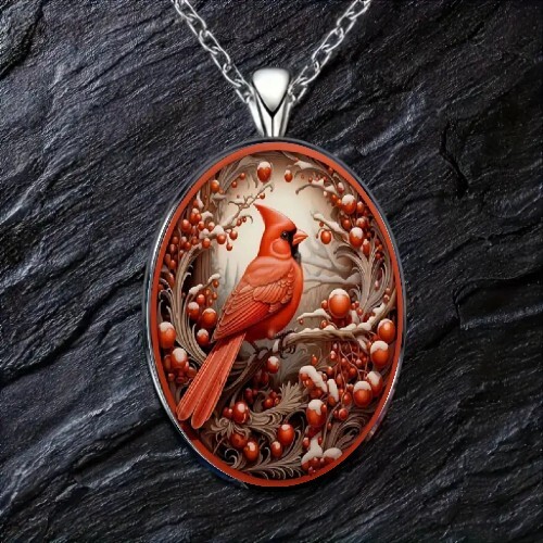 Elegant Bohemian Style Cardinal Bird Art Oval Pendant Necklace