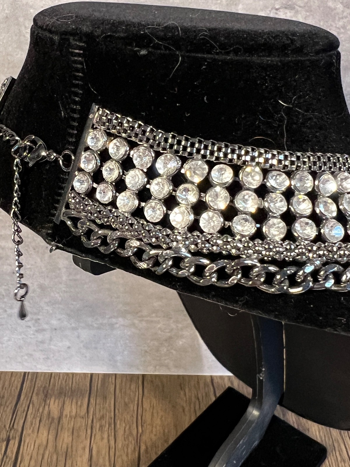 Cleopatra Collar Necklace Gun Metal with Clear Stones 17 Inches Lobster Claw #3