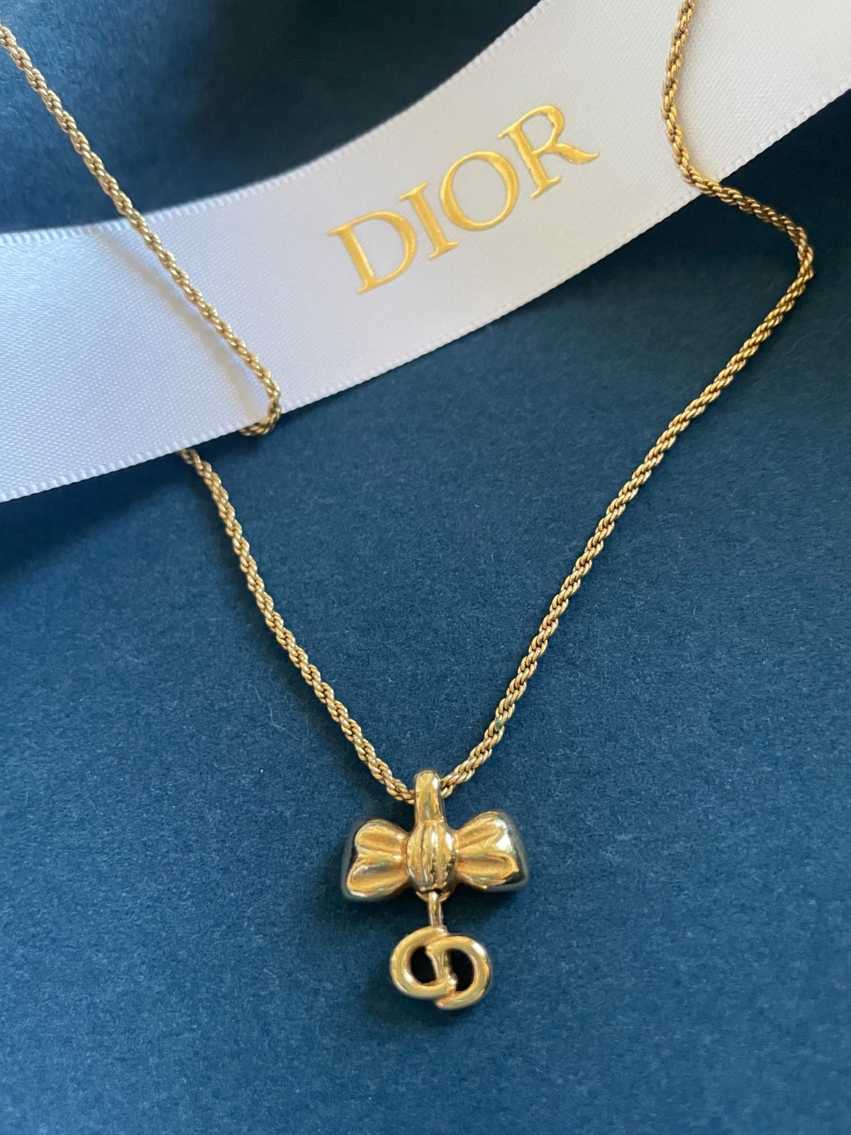 Authentic Christian Dior CD Logo Bow Gold Pendant Necklace with Box
