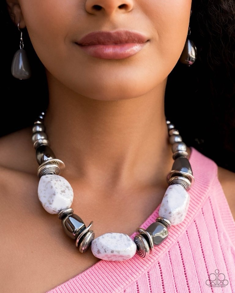 Silver Tone White & Gray Beaded Necklace & Dangle Earrings Set