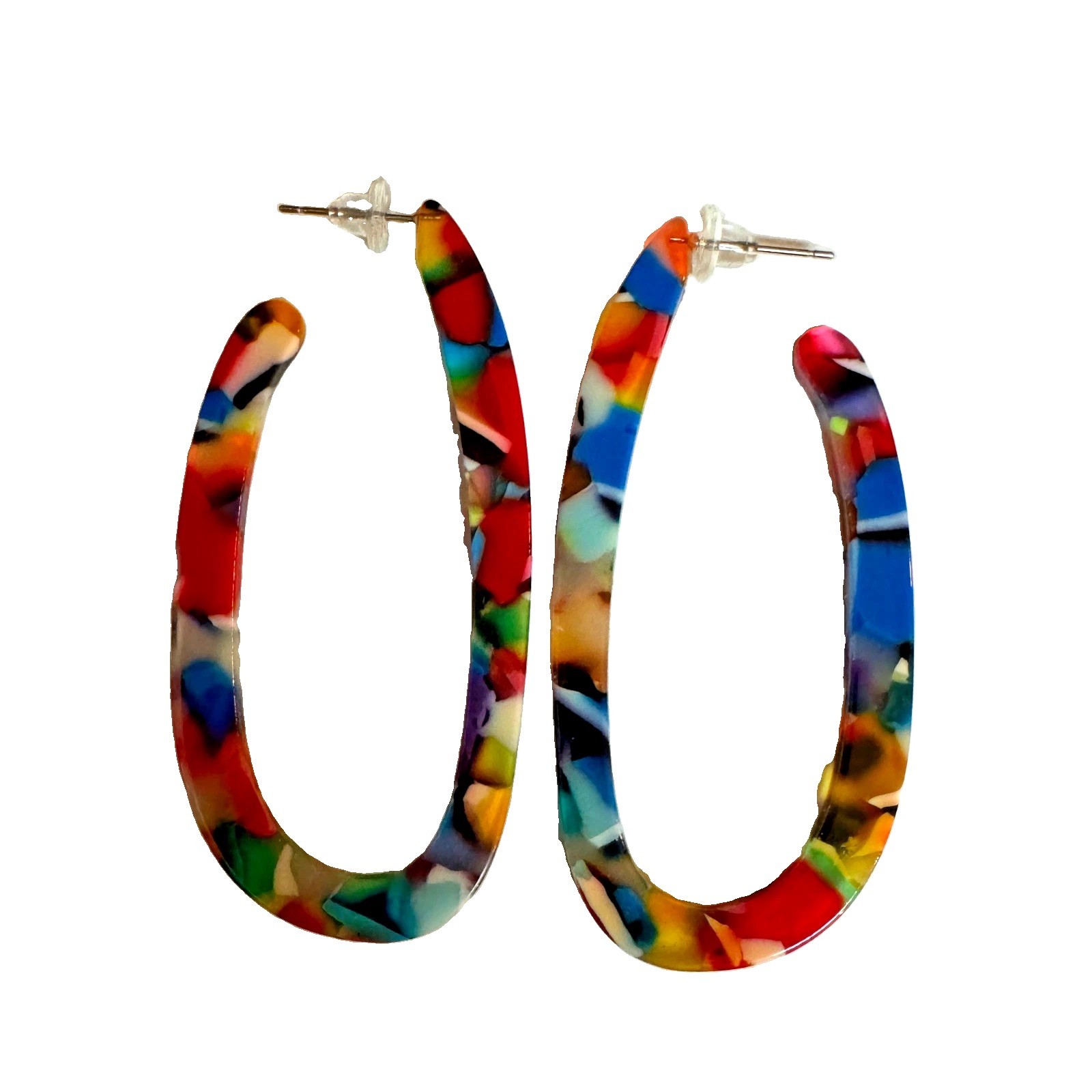 New Multicolor Resin Acrylic Oval Hoop Earrings Confetti Terrazzo Statement 3″