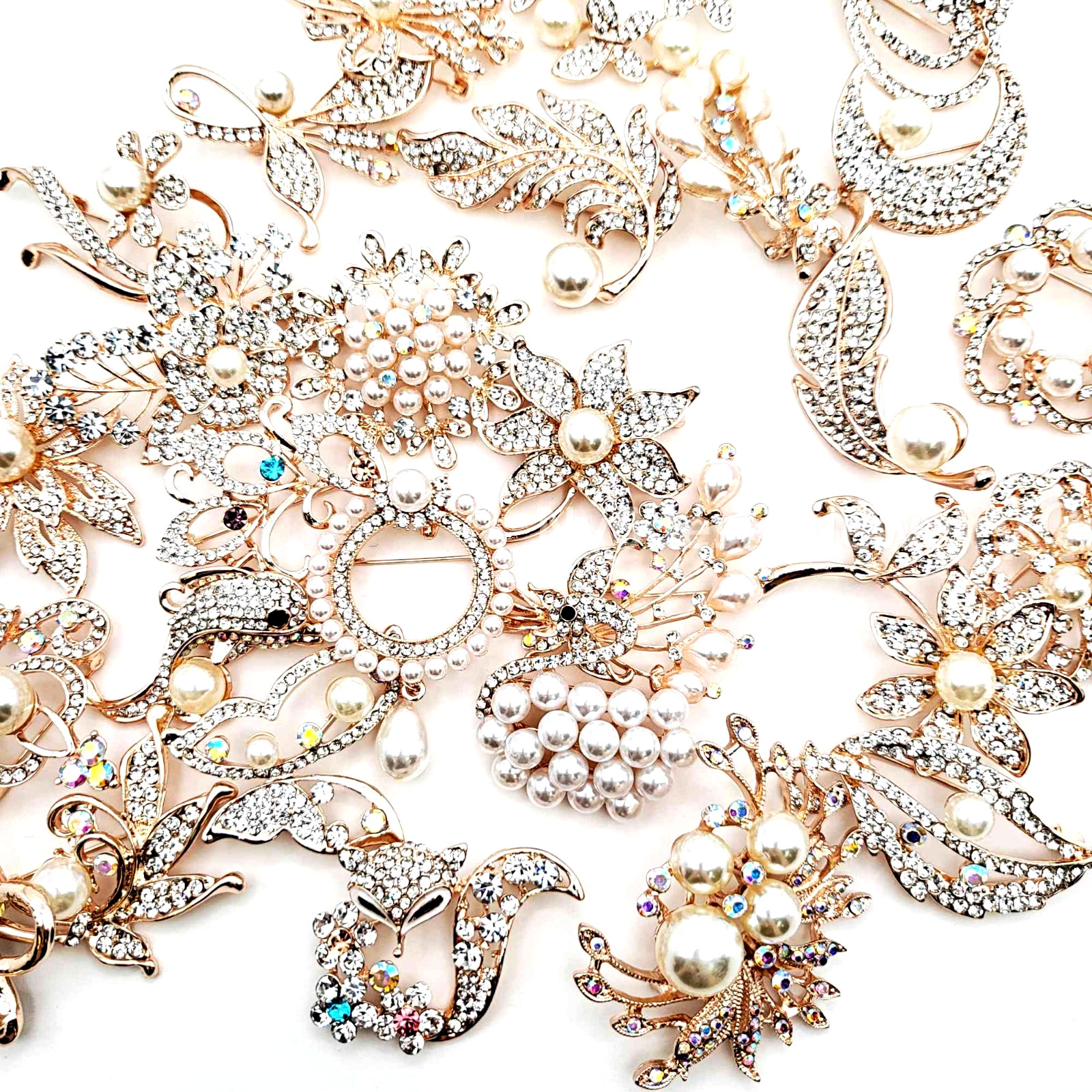 Gold Pearl Crystal Brooch Collection Vintage Bridal Bouquet Pins Scarf Accents