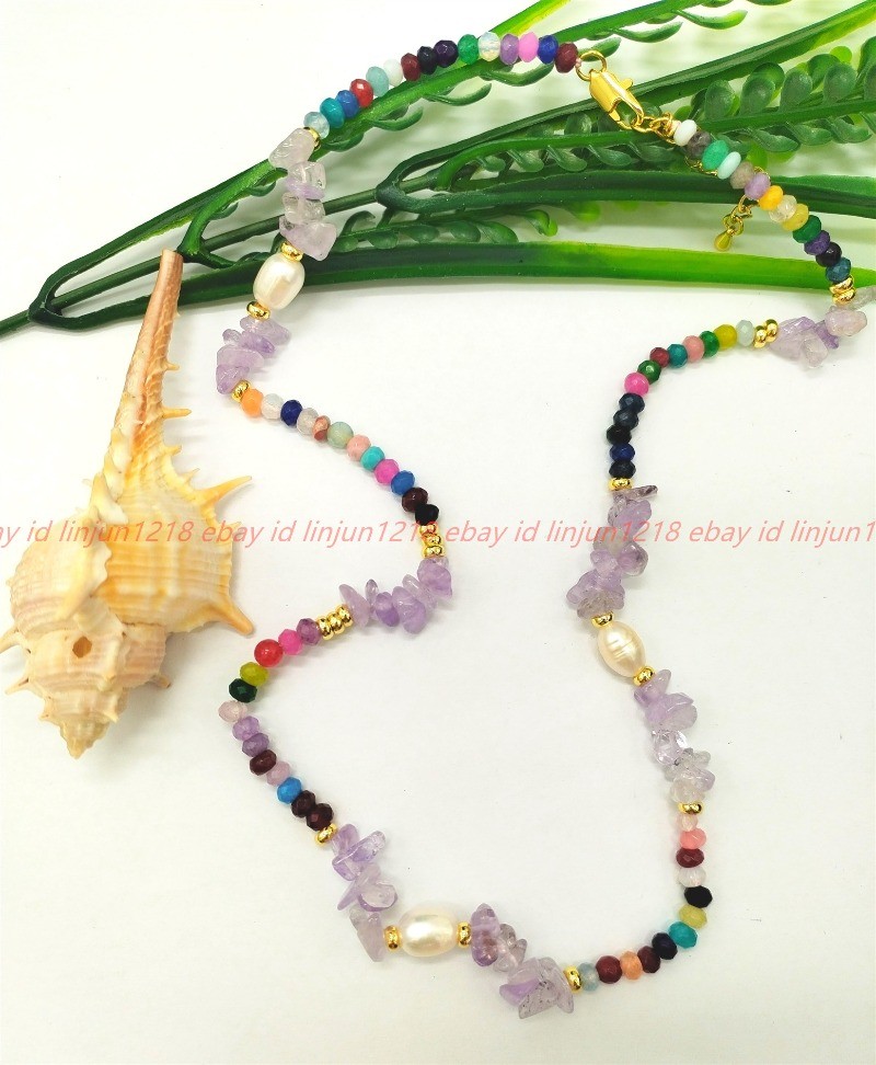 Natural 2x4mm Multicolor Jade Amethyst Crushed Stone White Pearl Necklace16-36in
