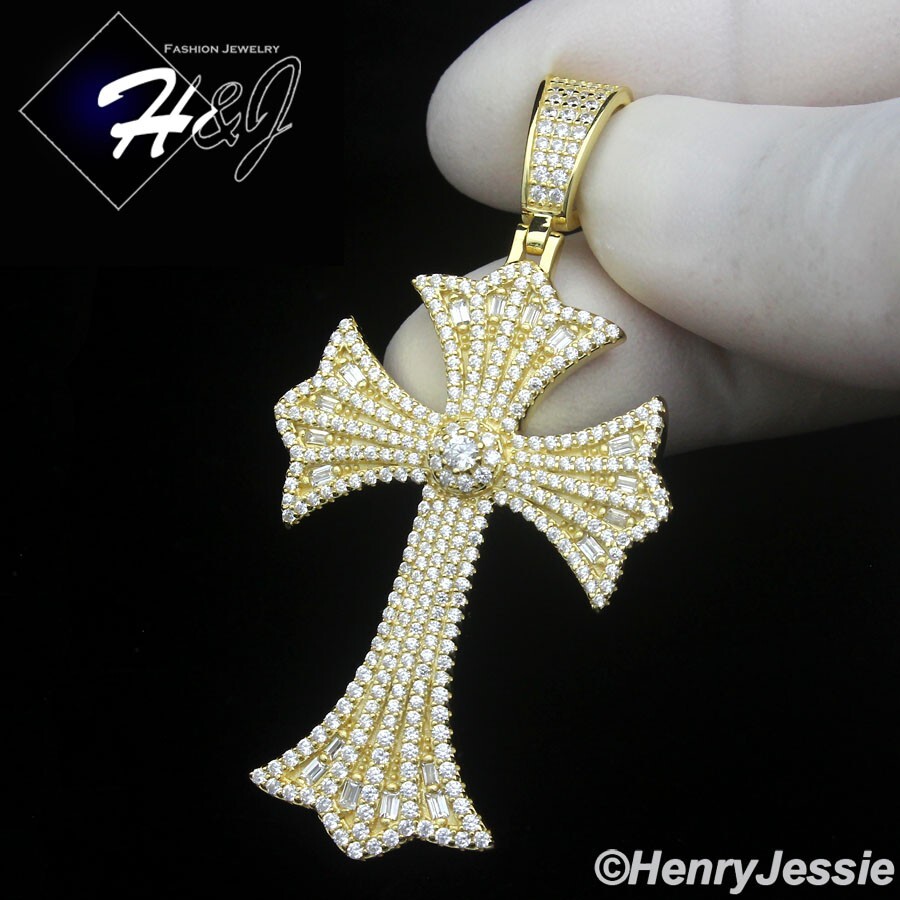 MEN WOMEN 925 STERLING SILVER ICY BLING CZ 3D GOLD PLATED CROSS PENDANT*GP506