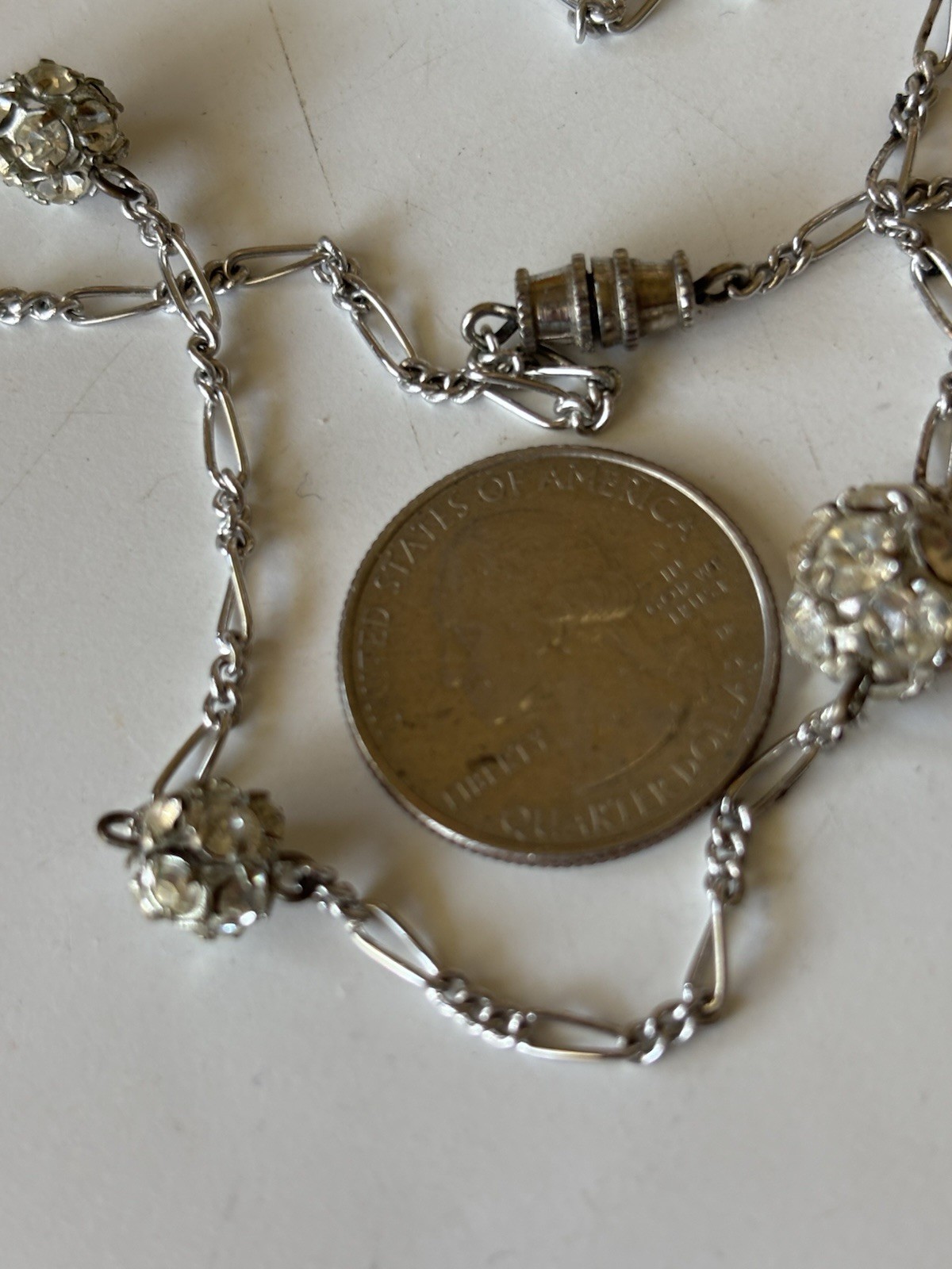 Necklace Silver Tone 9 Rhinestone Disco Ball Stations 30 in Barrel Clasp