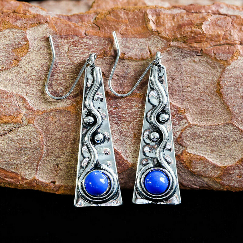 Oxidized Silver Plated Blue Lapis Triangle Fashion Jewelry Hook Dangle Earrings