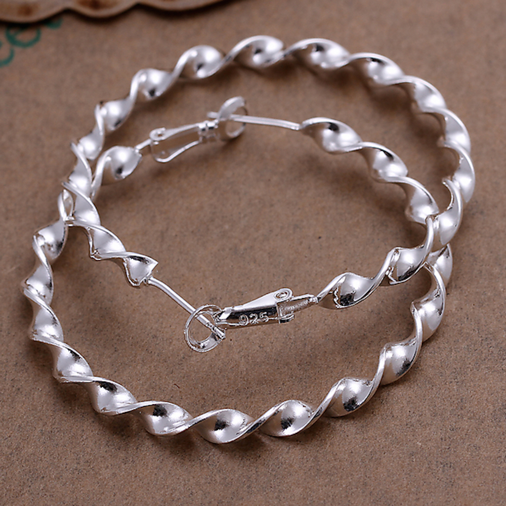 925 Sterling Silver Twisted Hoop Pierced Earrings 2″ Inch L101