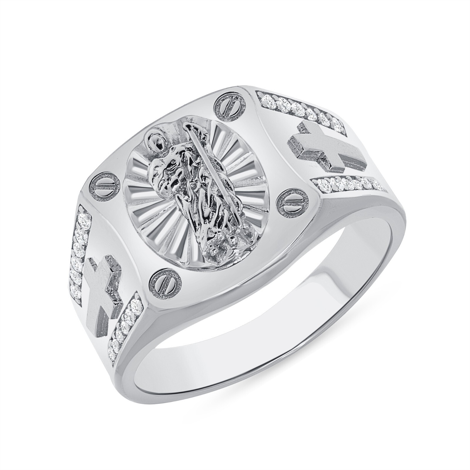925 Sterling Silver Saint Jude Cz Cross Men’s Ring Rhodium Plated, Nickel Free