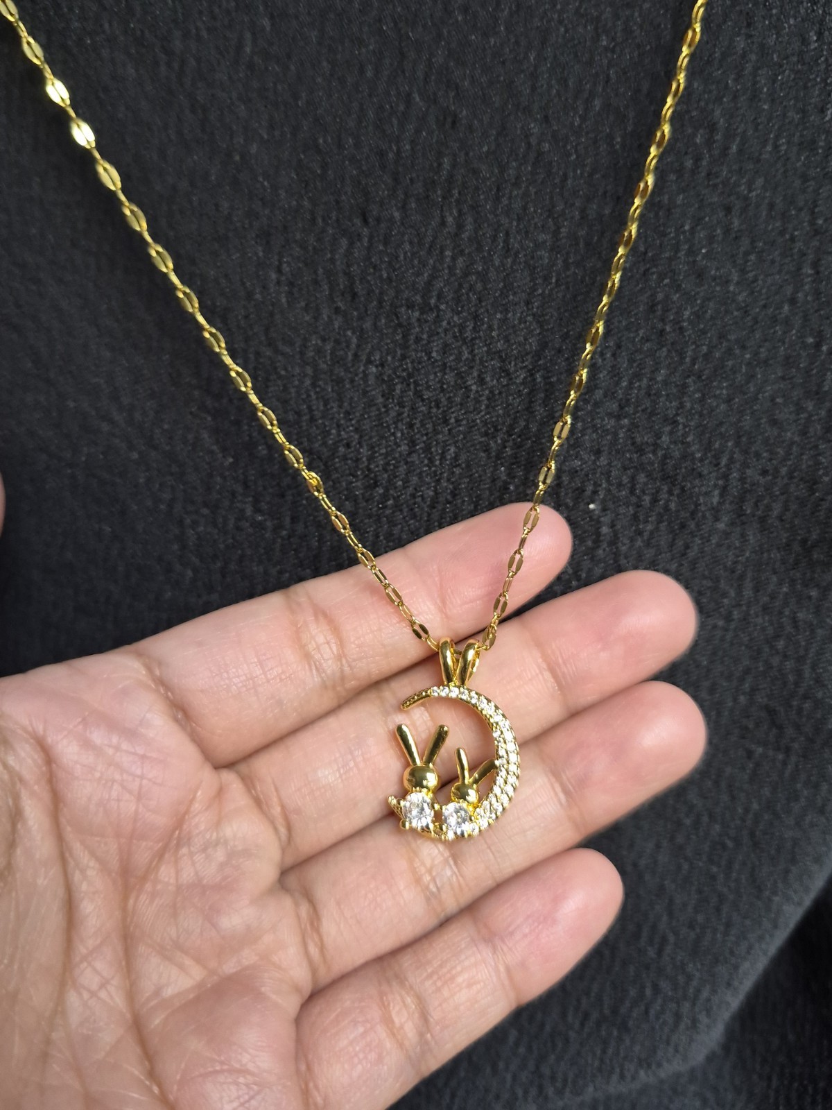 Gold Tone Cable Chain Rabbit Crescent Moon CZ Charm Pendant Necklace Toggle