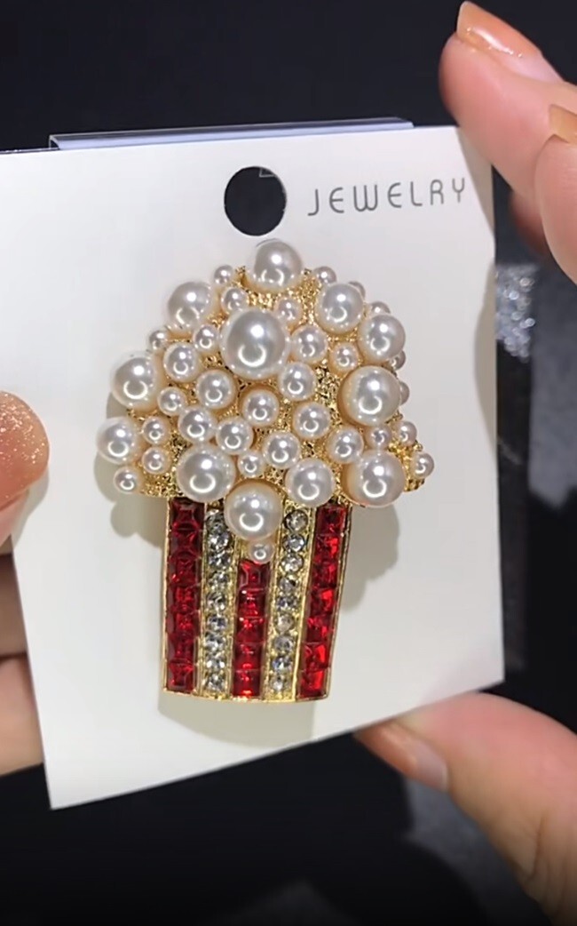 Pearl Popcorn Brooch Fashion Rhinestone Party Pin Unisex Women Kids Jewelry Gift