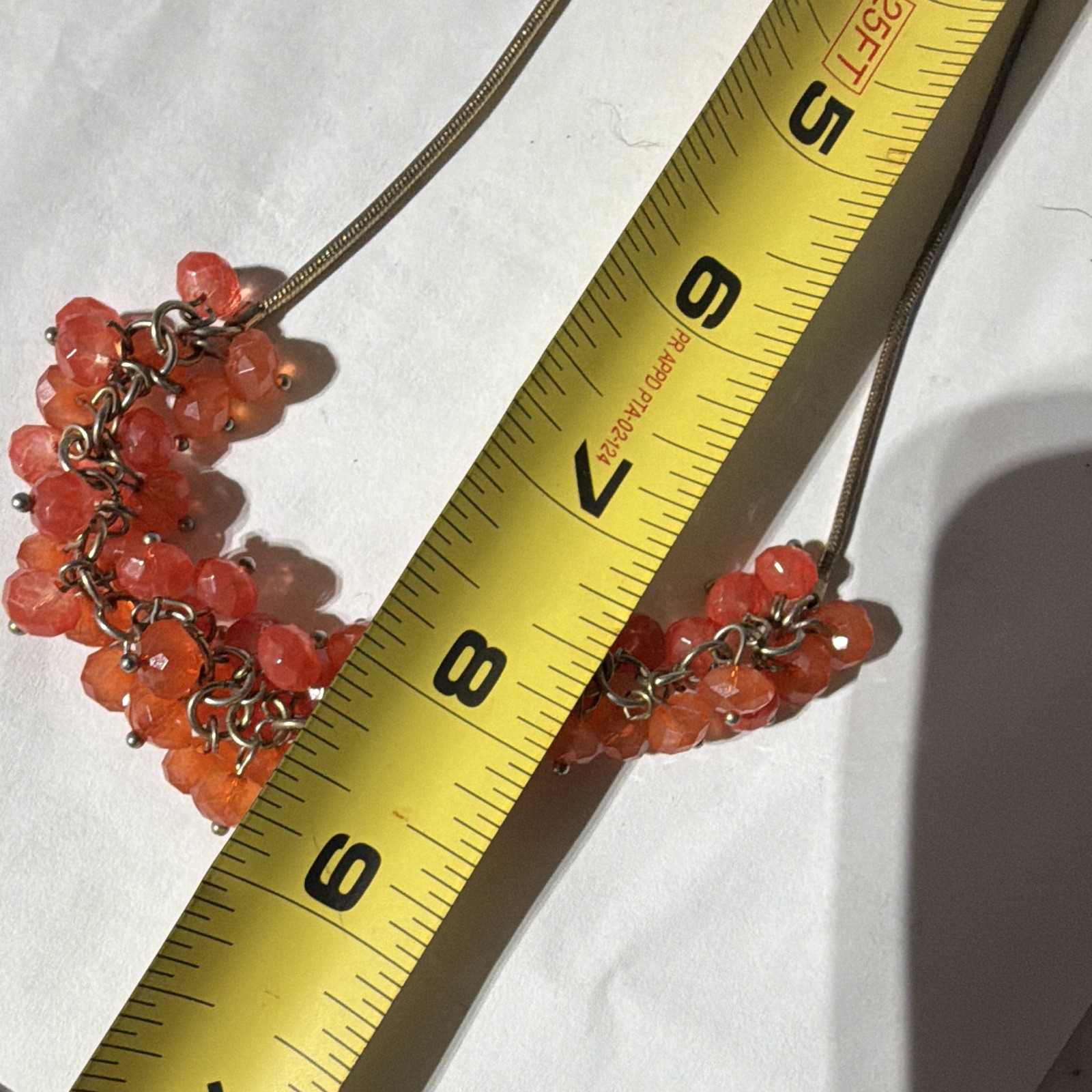 Silver Tone Snake Chain Statement Necklace Orange Round Crystal Beads, Lobster
