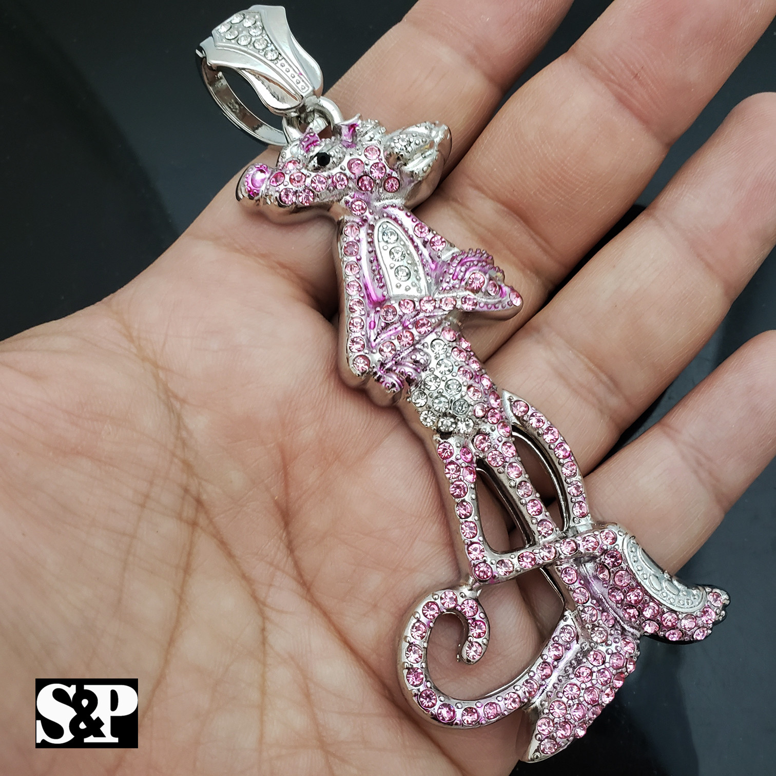 PINK PANTHER HIP HOP ICED WHITE GOLD PLATED CUBIC ZIRCONIA LARGE BLING PENDANT