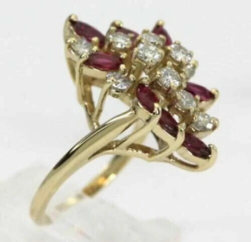 2.90Ct Marquise Simulated Ruby Cluster Engagement Ring 14k Yellow Gold Plated