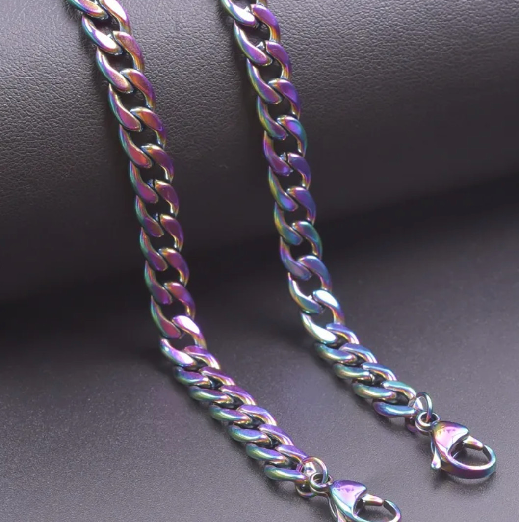 Stainless Steel Cuban Link Chain Necklace Bracelet Rainbow Silver Hip Hop Punk