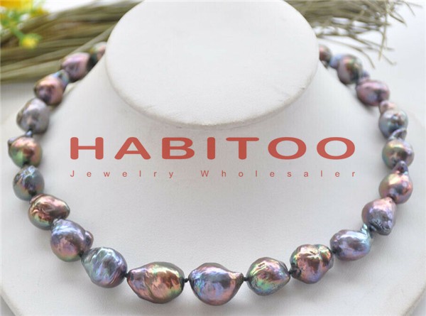 Lustre 15-18mm Peacock-Black Baroque KESHI Edison Pearl Necklace CZ 18″