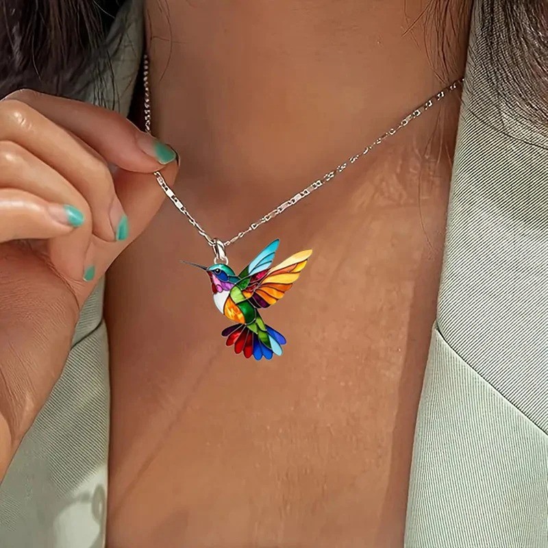 Colorful Hummingbird Pendant Necklace Rainbow Enamel Bird Charm Women Gift Chain