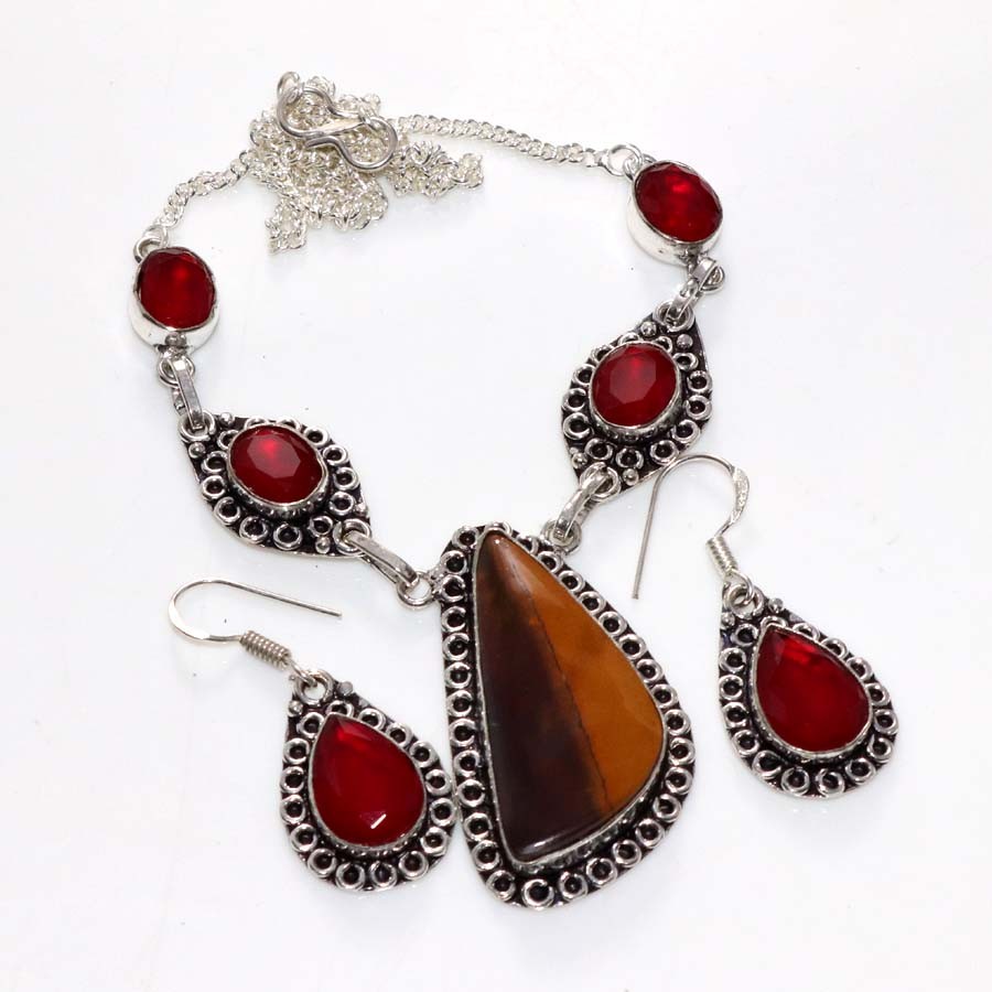 Pretty Mookaite Red Onyx 925 Silver Plated Necklace Earrings Set 16|1.6″ MJ