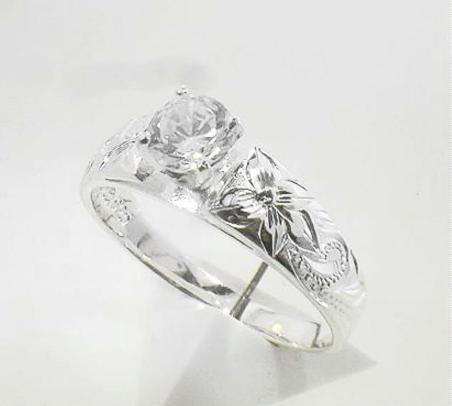 SOLID 925 SILVER ENGRAVED HAWAIIAN HERITAGE SCROLLS 0.75CTS CZ FRENCH MOUNT RING