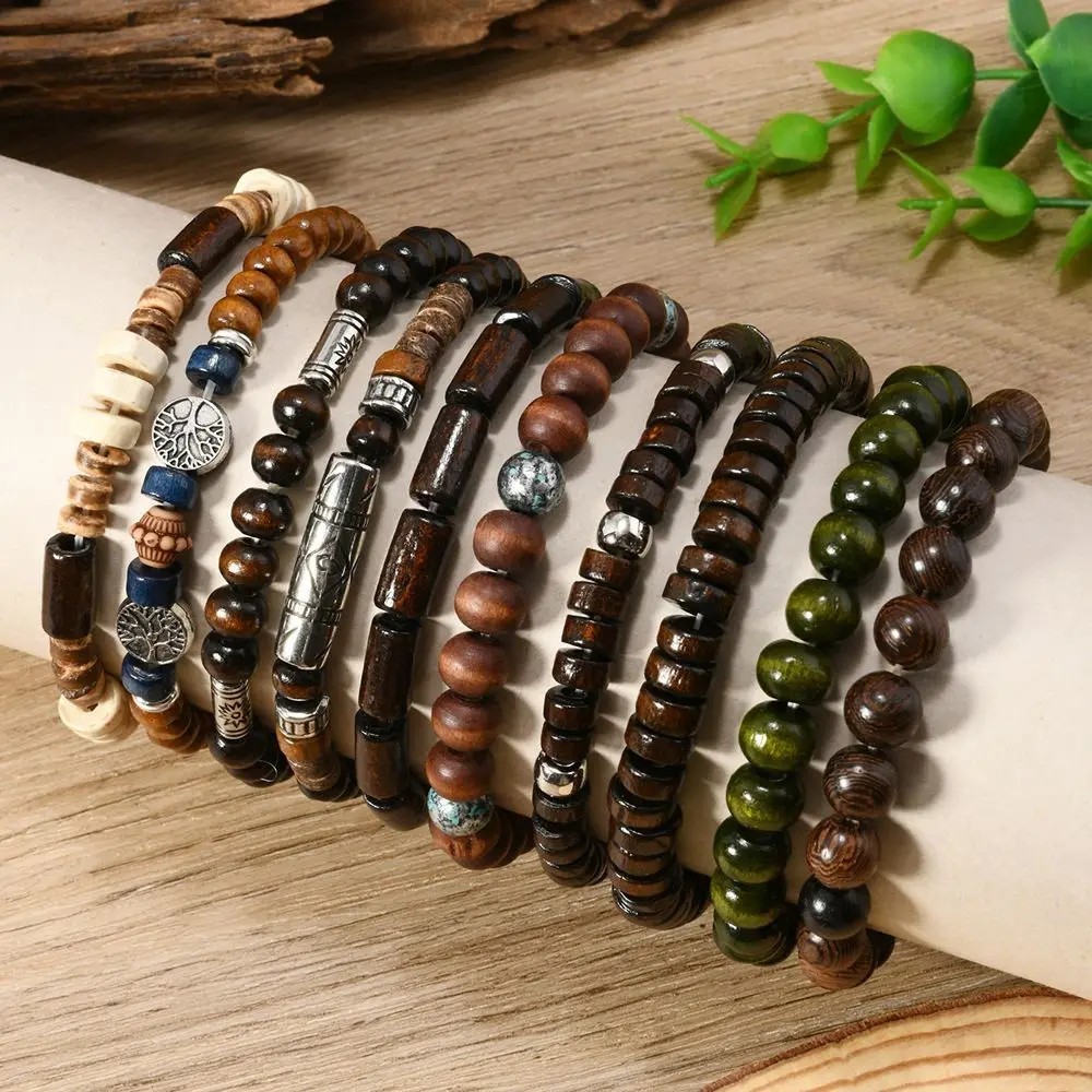 10pcs Bohemia Ethnic Beaded Bracelets For Men Vintage Multi Layer Wooden