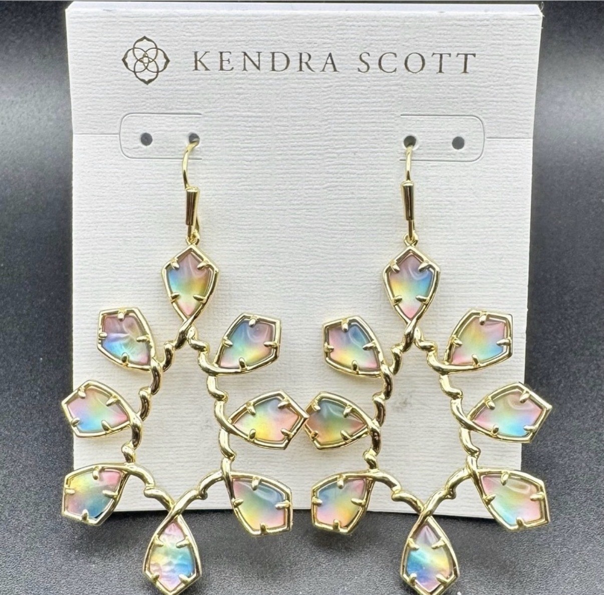 Kendra Scott Gold Statement Earrings in Iridescent Rainbow Glass | Rare/Retired
