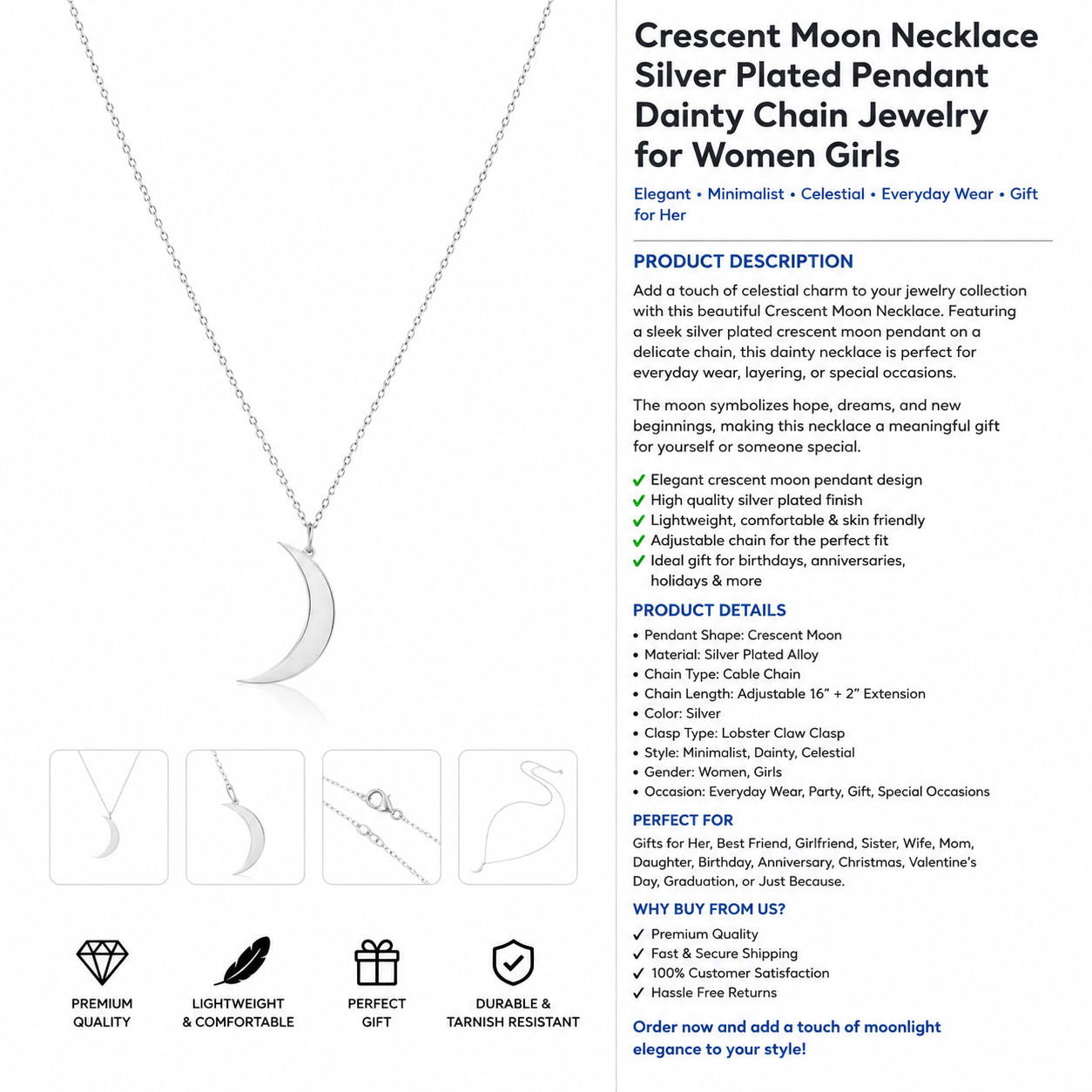 Crescent Moon Necklace Silver Plated Pendant Dainty Chain Jewelry Women Gift