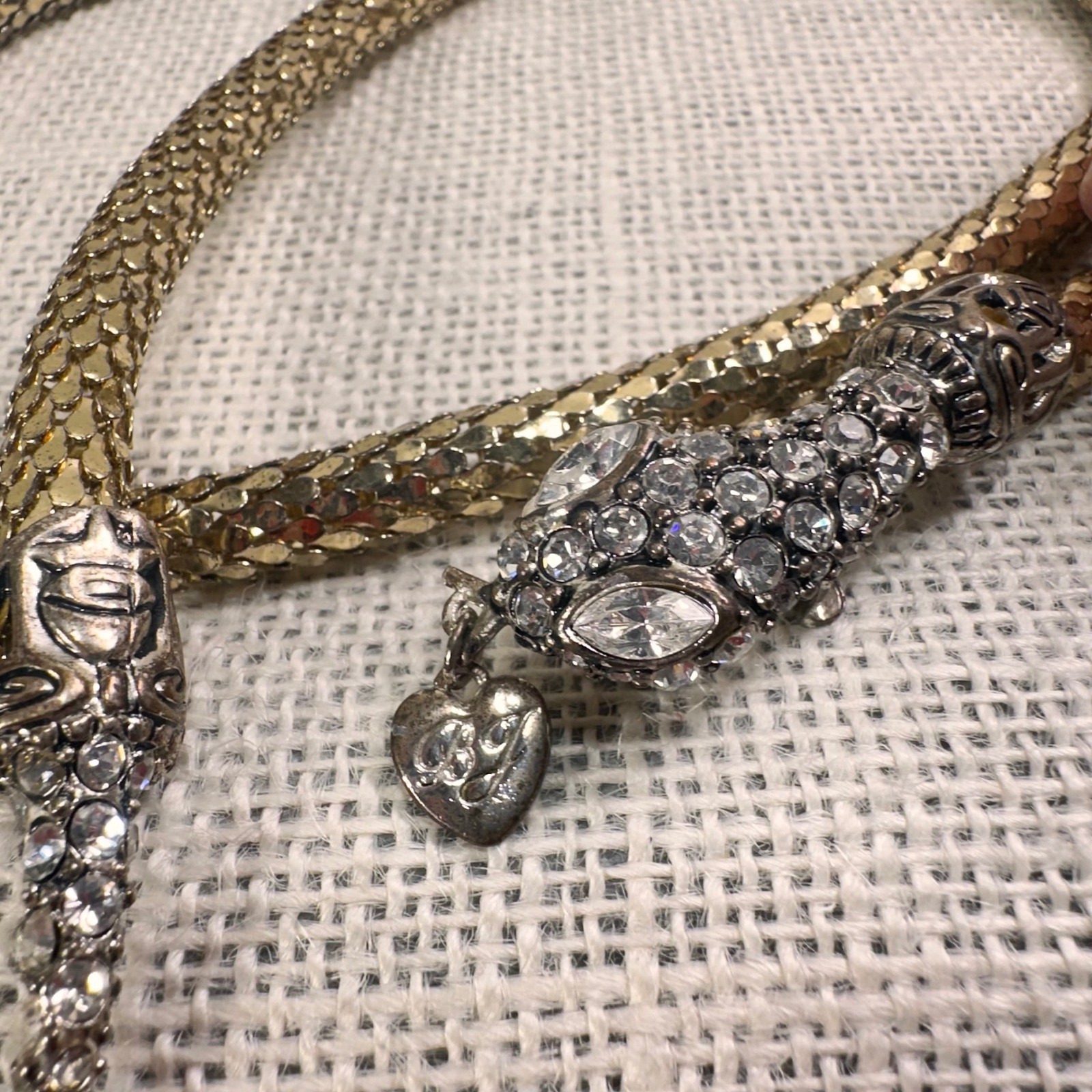 Betsey Johnson Crystal Snake Wrap Necklace Gold Tone 35″ Statement Heart