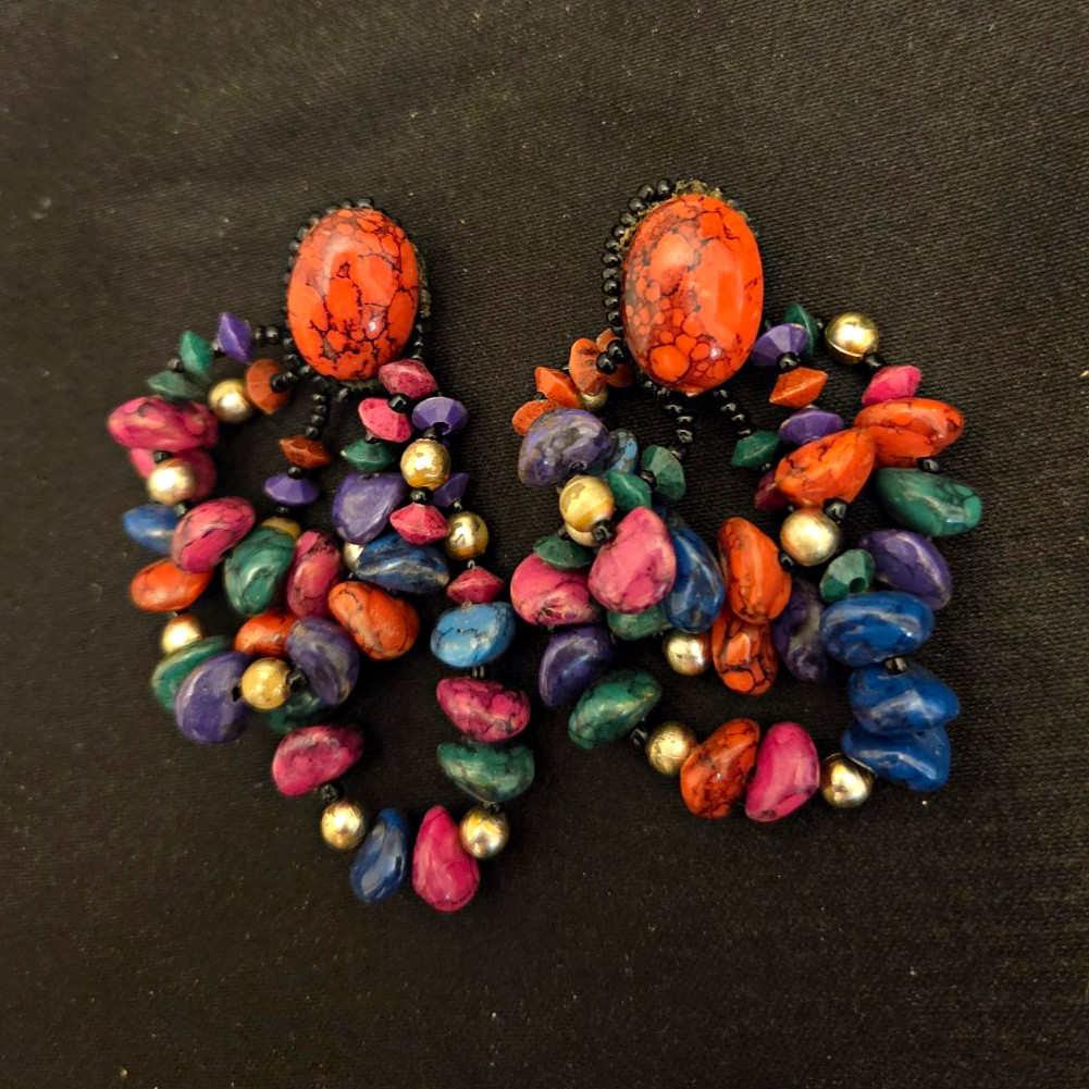 Vintage 1980s Orange, Pink, Blue, Green & Silver Beaded Cluster Dangle Earrings