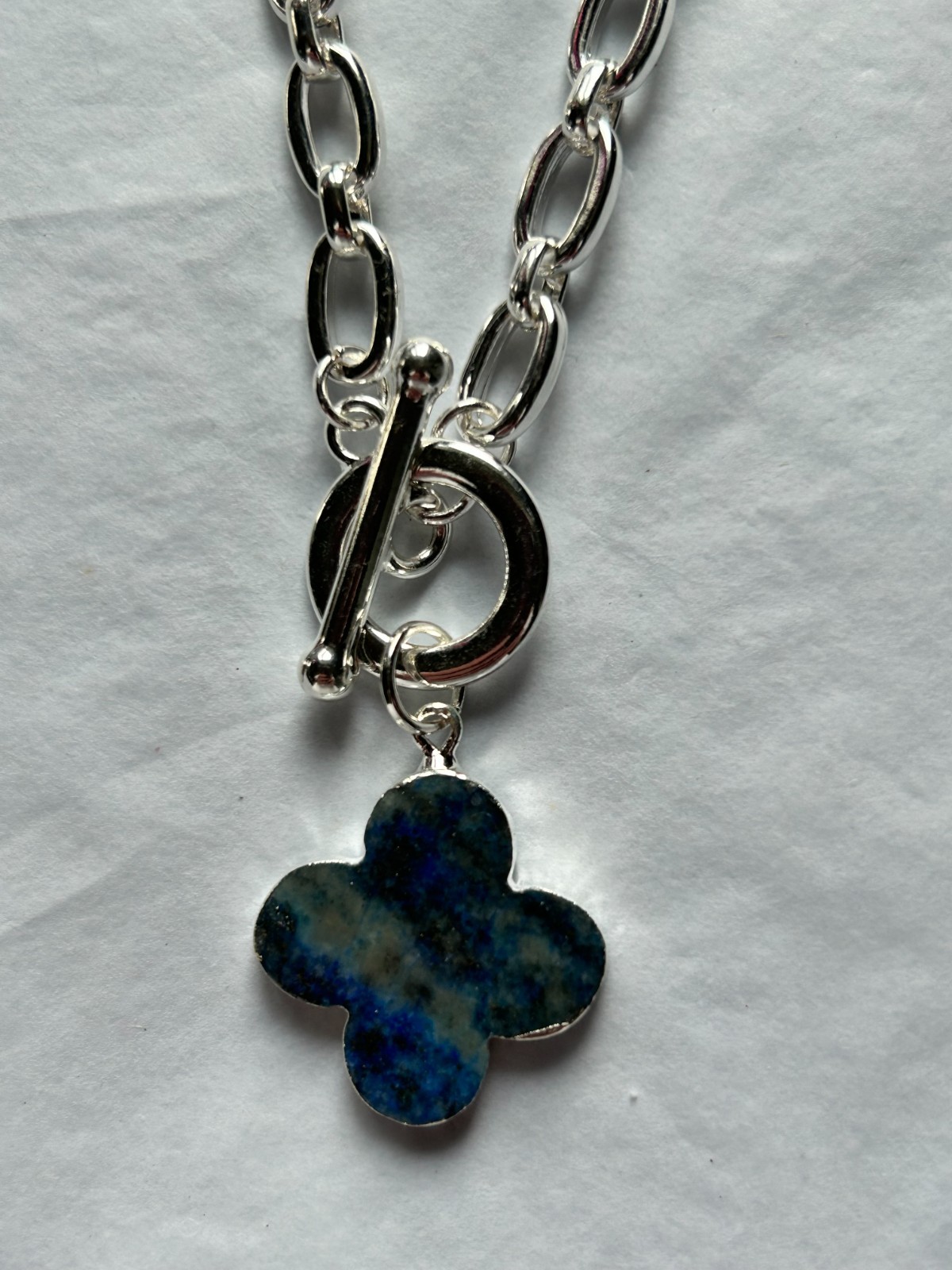Silver Plated T Bar Clover Necklace With Semi Precious Lapis Stone, By Park Lane