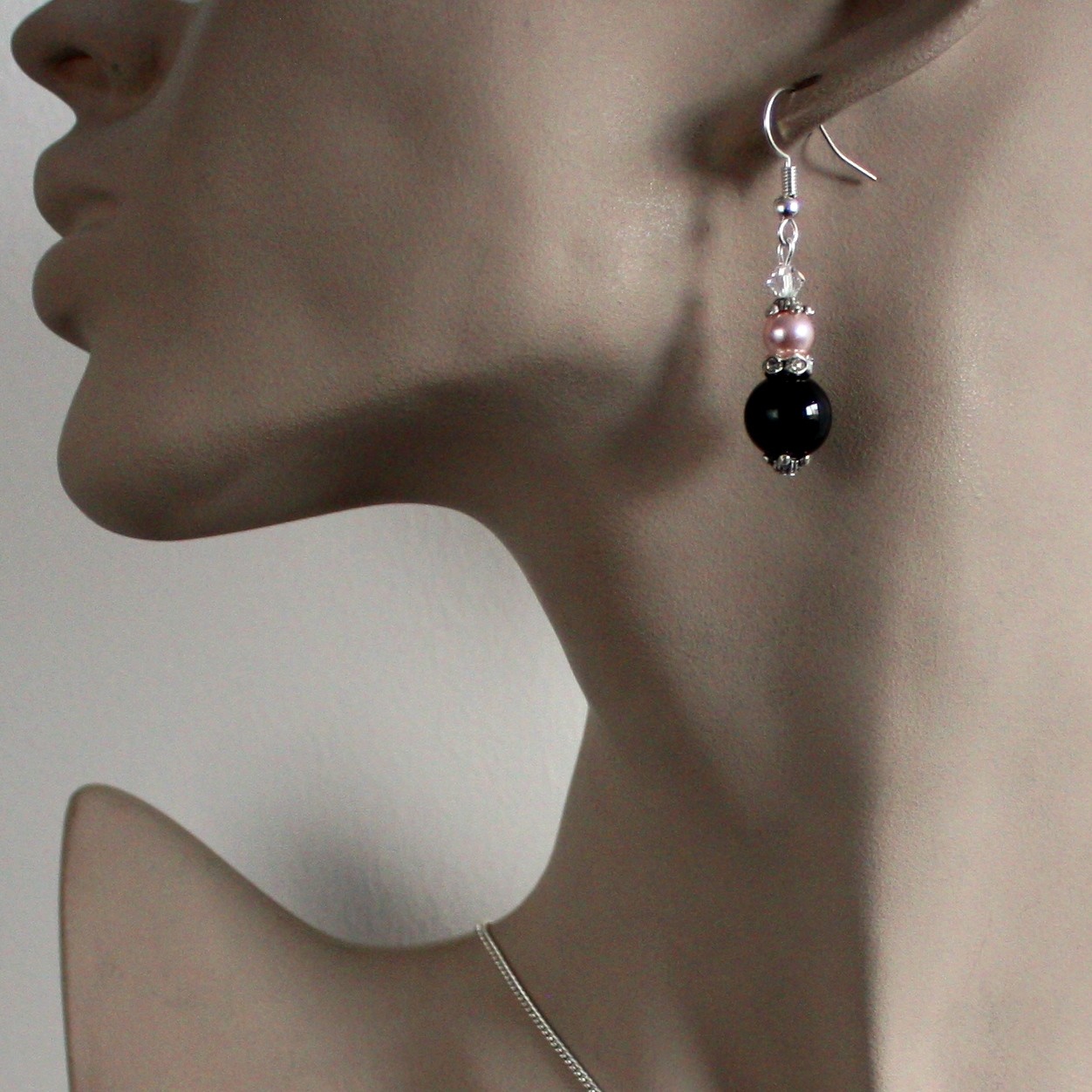 Black pink blush pearls rhinestones silver wedding bridesmaid bridal jewelry set