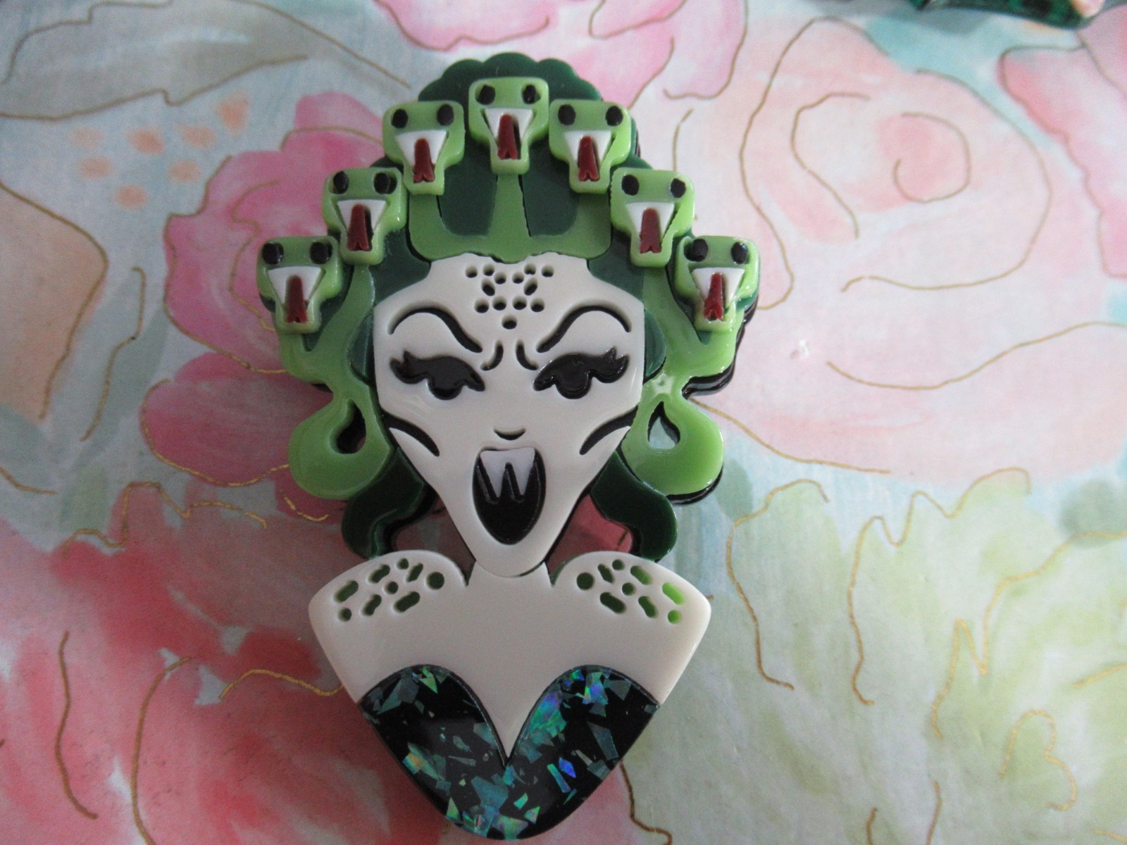 Acrylic Brooch GREEN BAT VAMPIRE Halloween or MEDUSA BROOCH Greek Mythology
