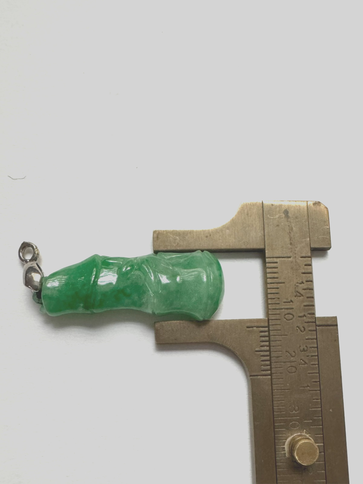 Green Jade Carved Bamboo Stalk Charm Pendant with Silver-Tone Bail
