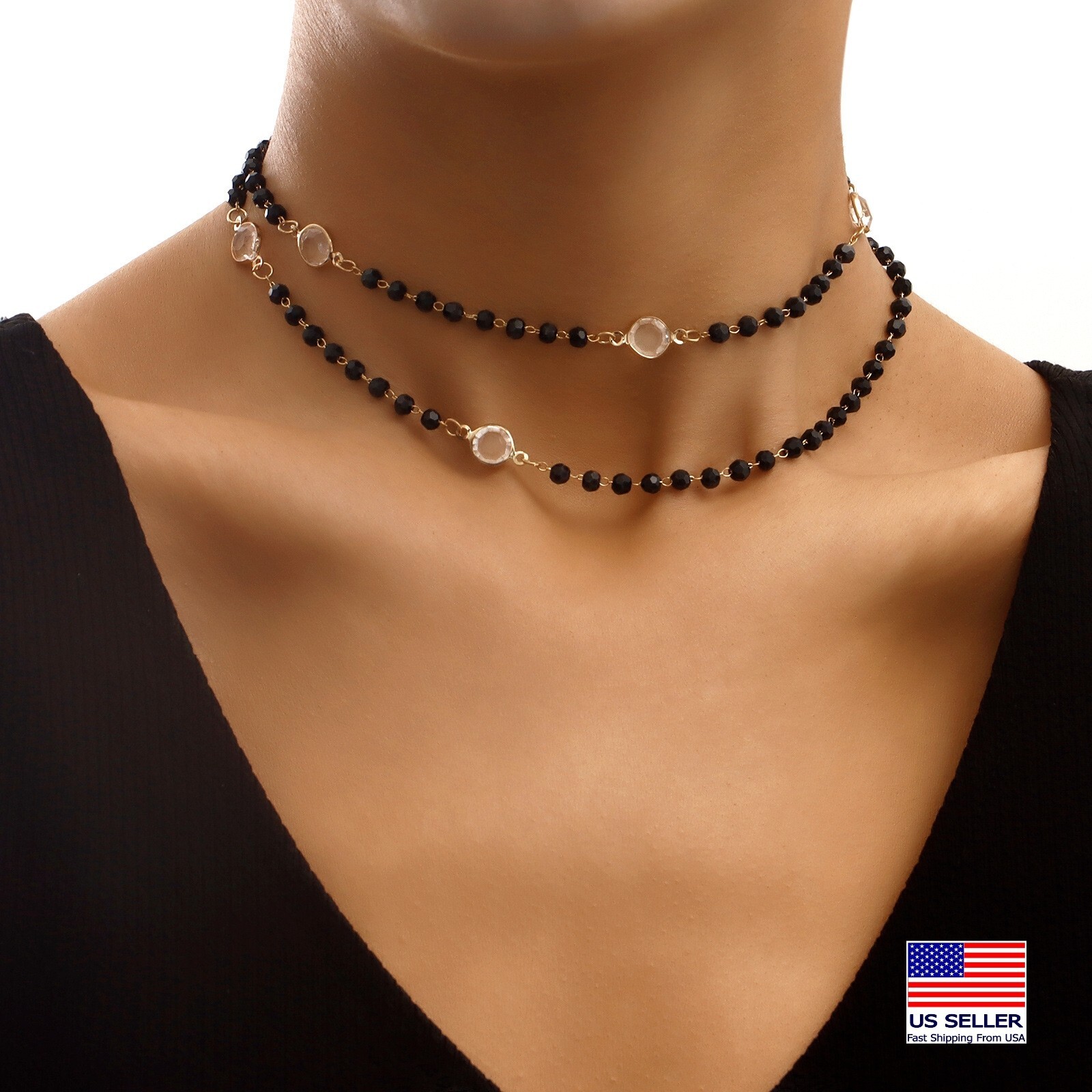 Fashion Women Crystal Necklace Retro Geometric Beads Elegant Black Pendant 1941