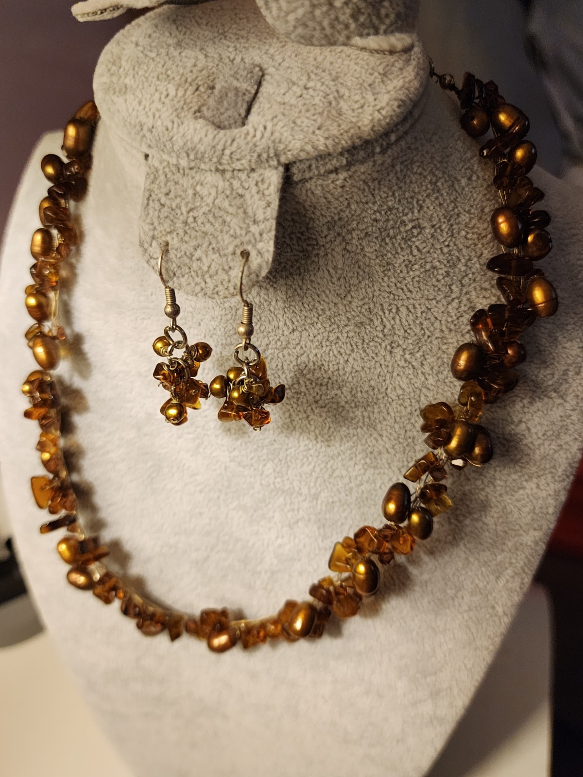 Brown Round Pearl Beaded Necklace & Dangle Earrings Jewelry Set, Gold Tone