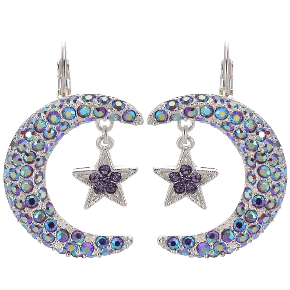 Kirks Folly Stella Luna Crescent Moon & Star Leverback Earrings ST Lavender Blue