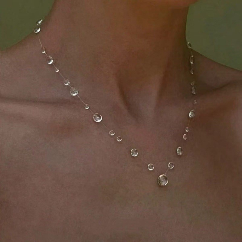Clear Dew Drop Necklace Simple Lariat Chain Minimalist Glass Pendant Choker