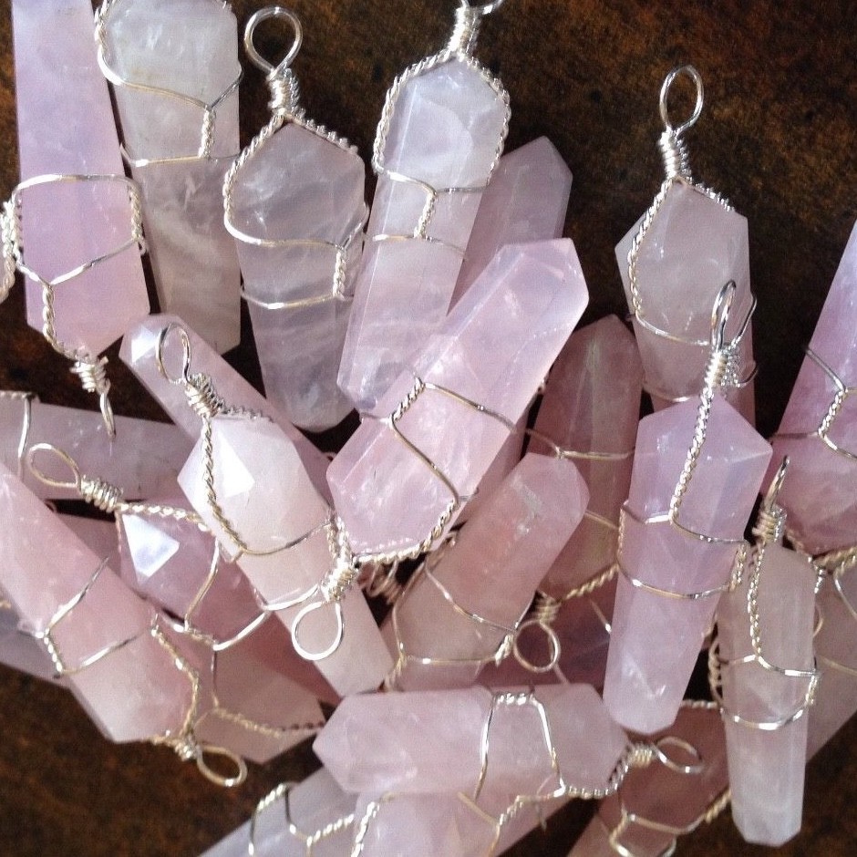 Rose Quartz Wire Wrap Pendant Handmade Chakra Crystal Necklace LOT of 3 Bulk