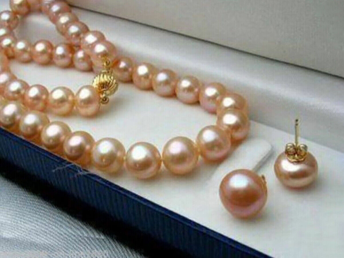 Genuine Natural Pink Akoya Cultured Pearl Necklace Earrings Set 14-48”
