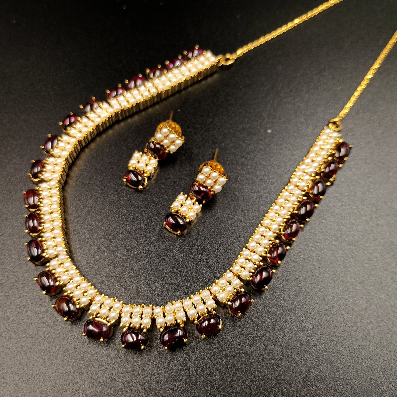 Garnet and Pearl Necklace Set 22k Gold Plated Traditional Ethnic Jewelry