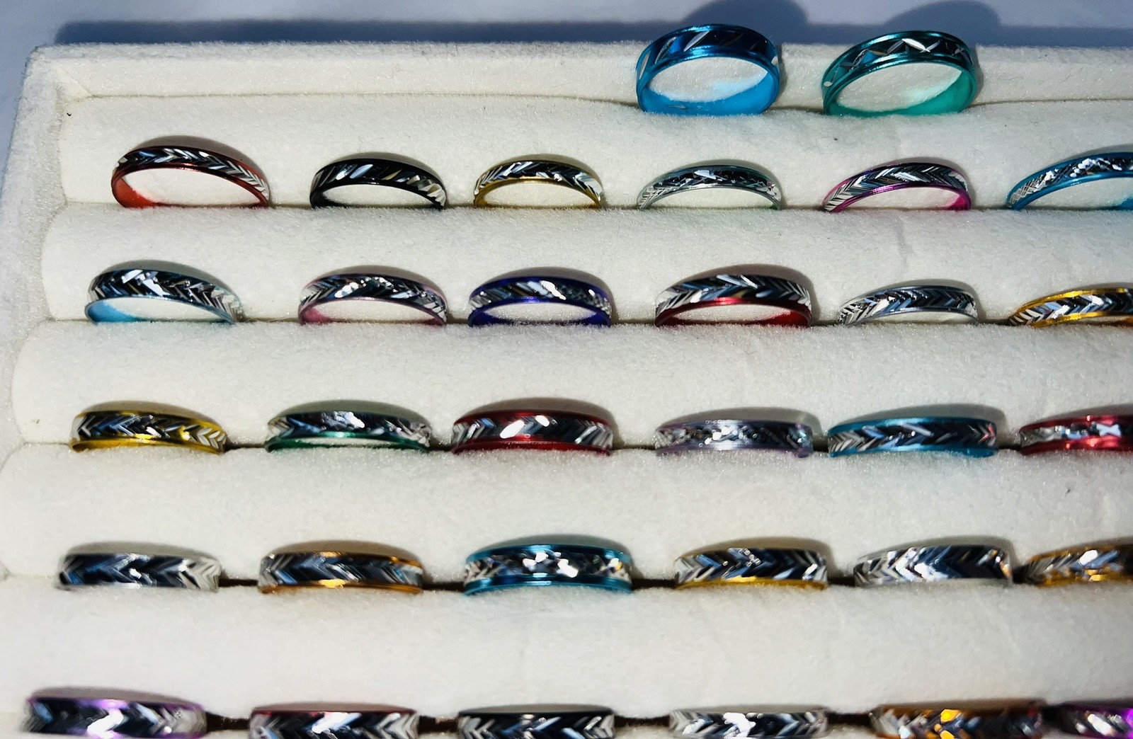 Bundle of 50 ALUMINIUM Silver Carved Different Coloured RINGS Mixed Sizes