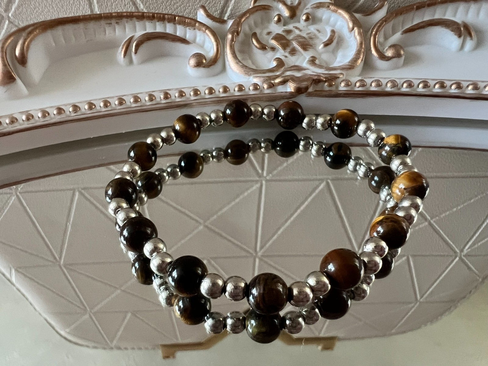 handmade elastic unique tiger eye stone beads & silver accents bracelet