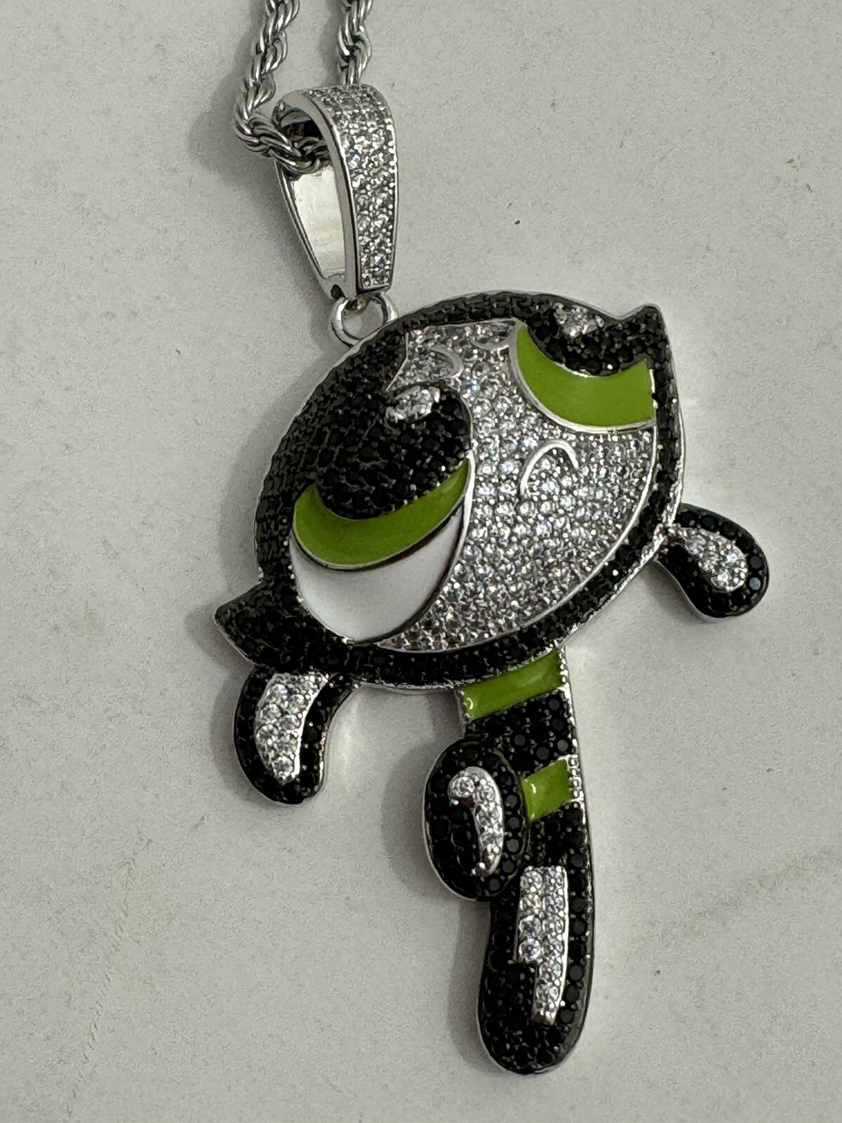 Rhodium Finish Powerpuff Girls Buttercup Cartoon Pendant Charm Necklace