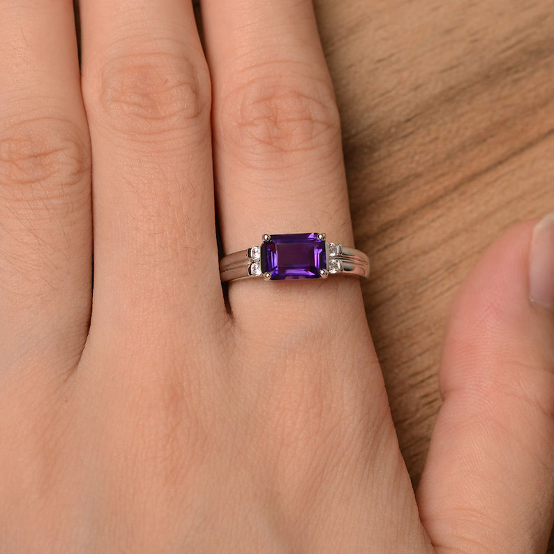 2.58 Ct Emerald Cut Simulated Amethyst 14k White Gold Plated Unique Wedding Ring