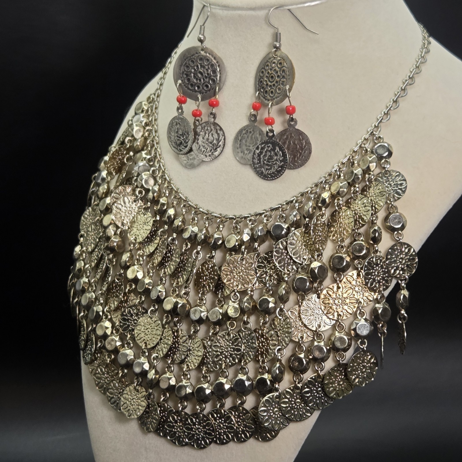 Dangling Coin Choker Bib Collar Silver Tone Metal Egyptian Necklace and Earrings