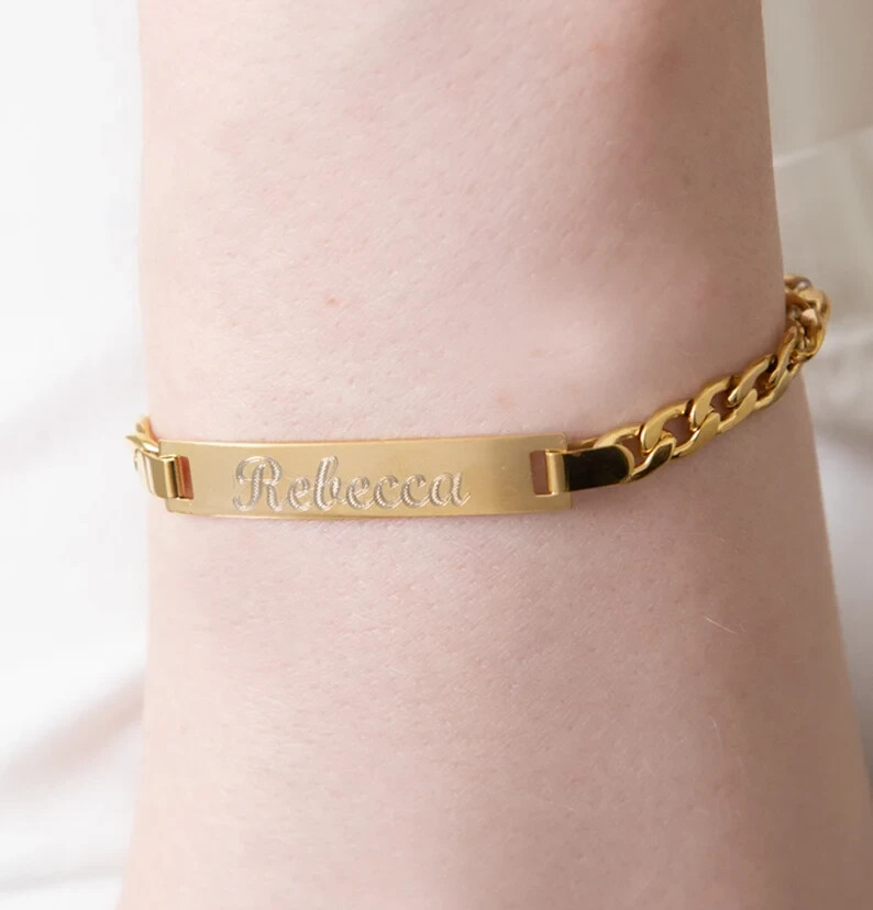 Personalized Gold Bar Bracelet Roman Numeral/Name Bar for Men and Women