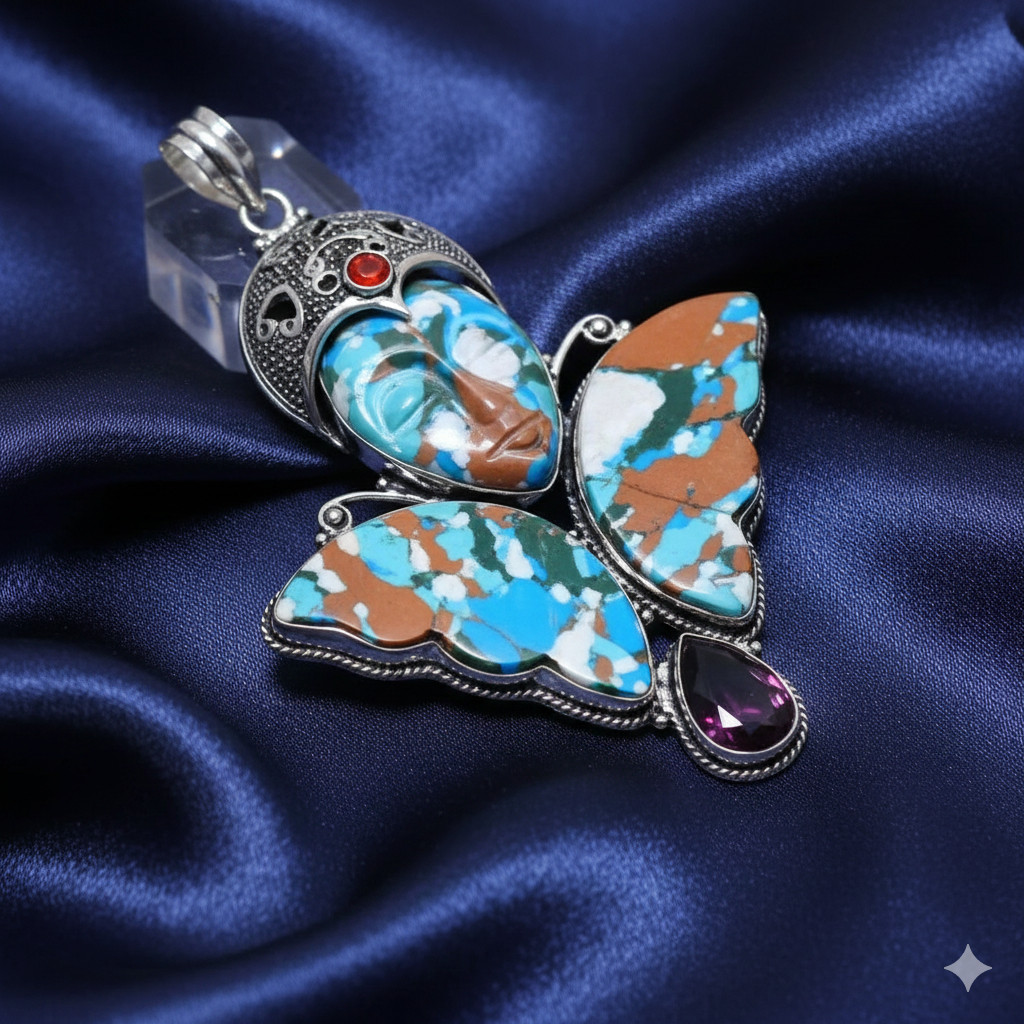 3.59″ Mosaic Jasper Praying Face Handmade Pendant – Sterling Silver Artisan