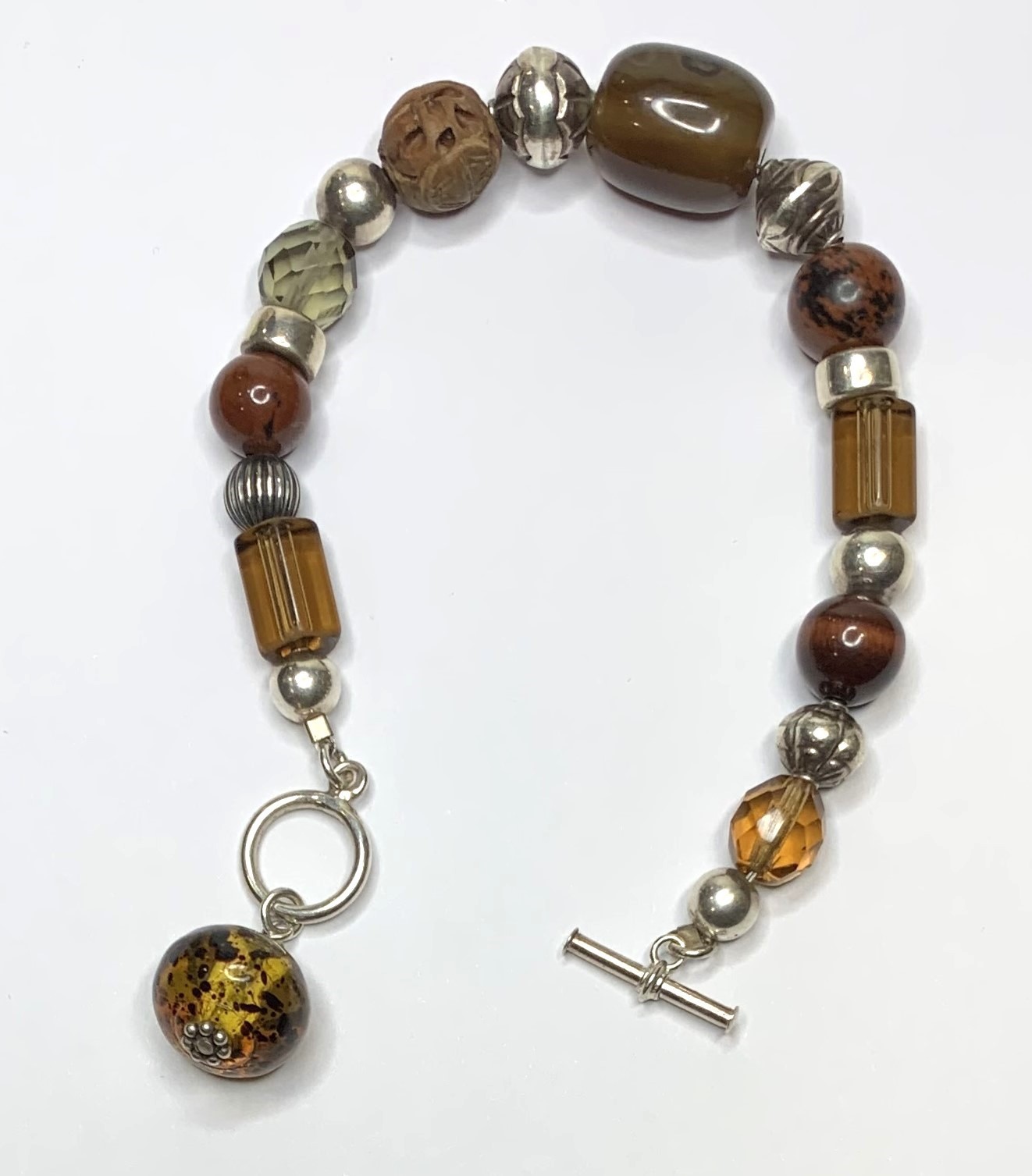 Rare Vintage Silpada B1064 Sterling Silver Stone Glass Wood Bead Toggle Bracelet